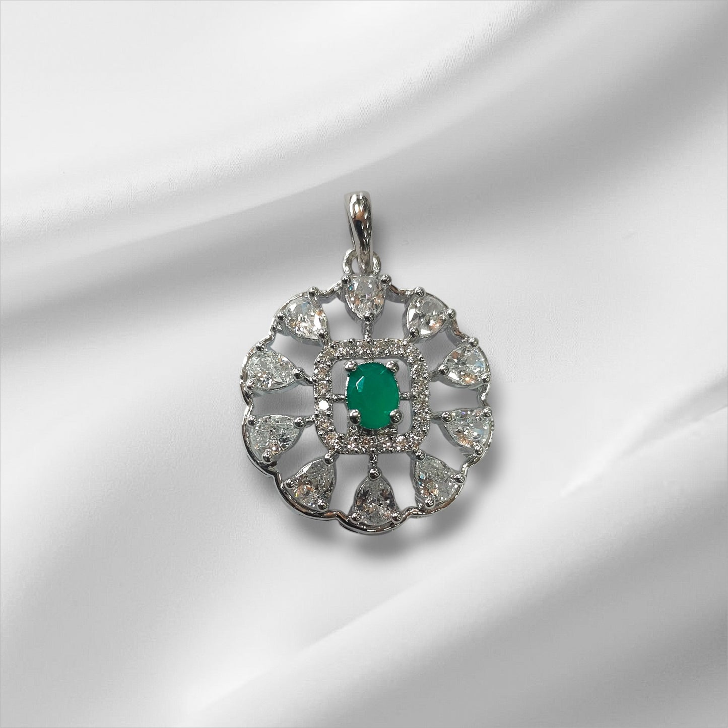 Emerald Bloom Platinum Plated Silver Pendant and Earrings Set