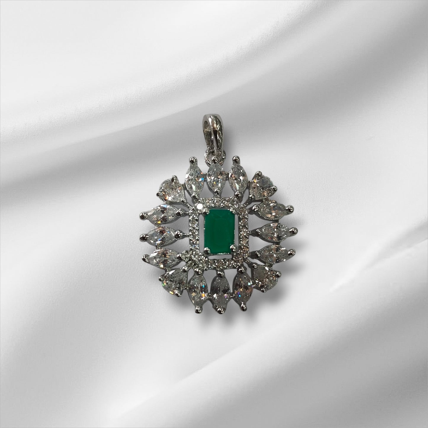 Emerald Sunburst Platinum Plated Silver Pendant and Earrings Set
