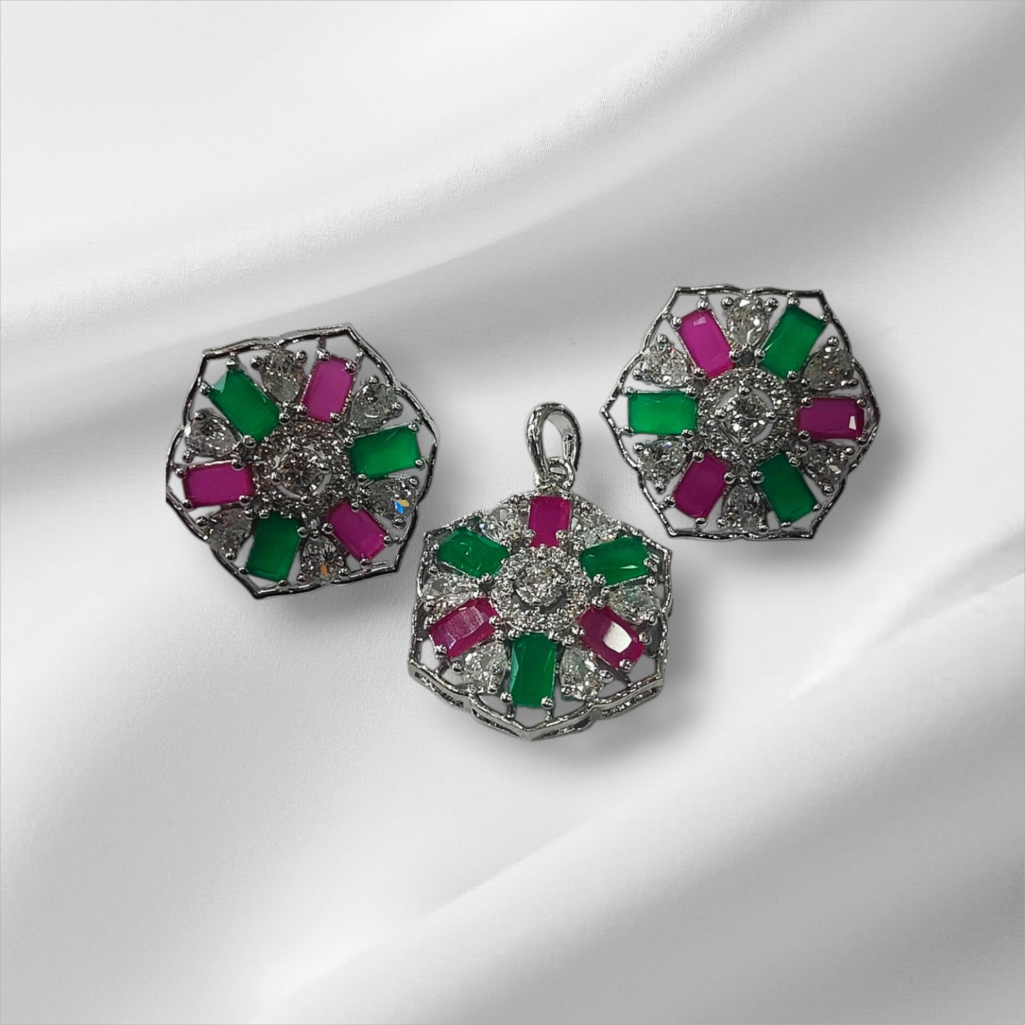 Prism Jewel Platinum Plated Silver Pendant and Earrings Set
