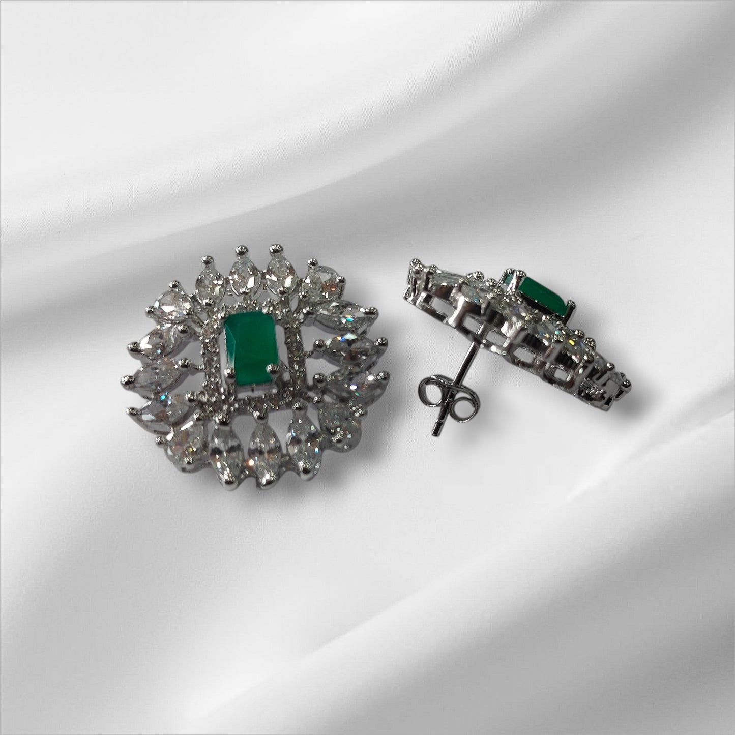 Emerald Sunburst Platinum Plated Silver Pendant and Earrings Set