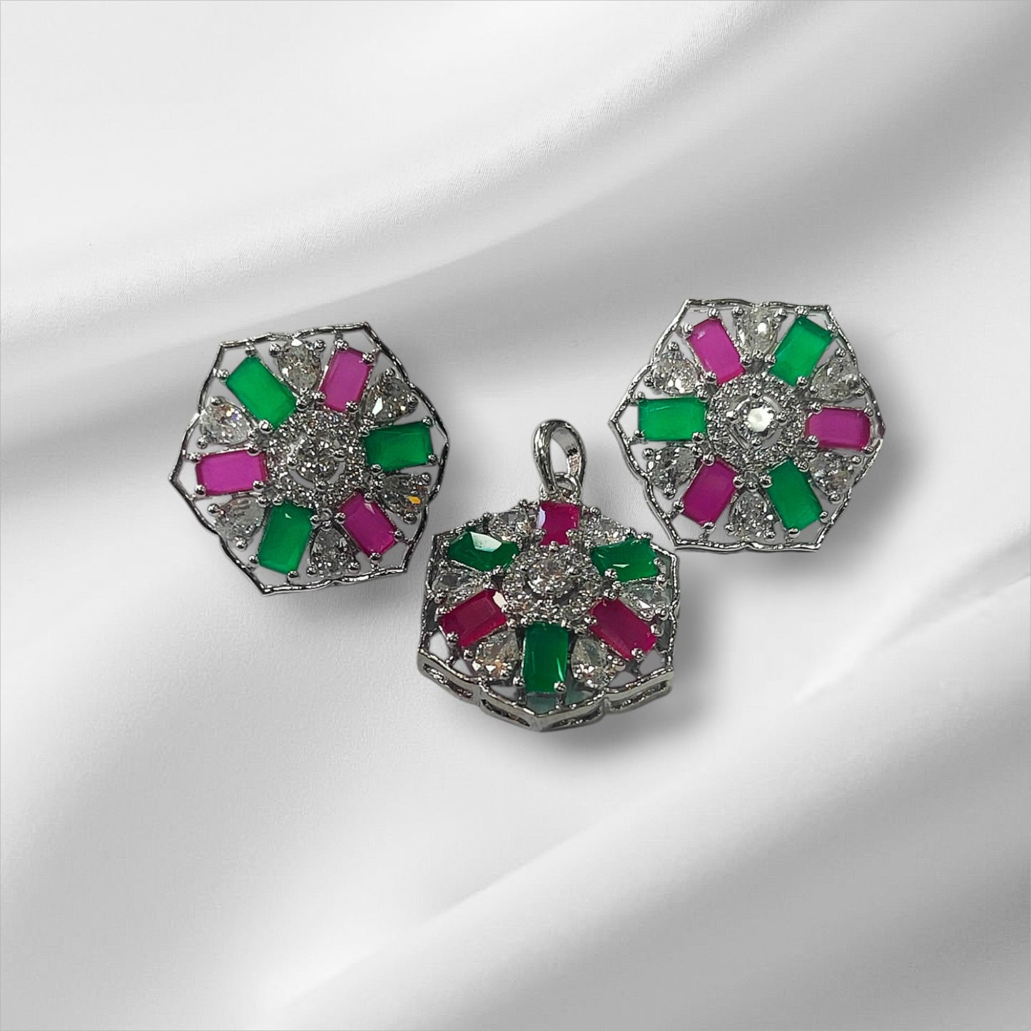 Prism Jewel Platinum Plated Silver Pendant and Earrings Set