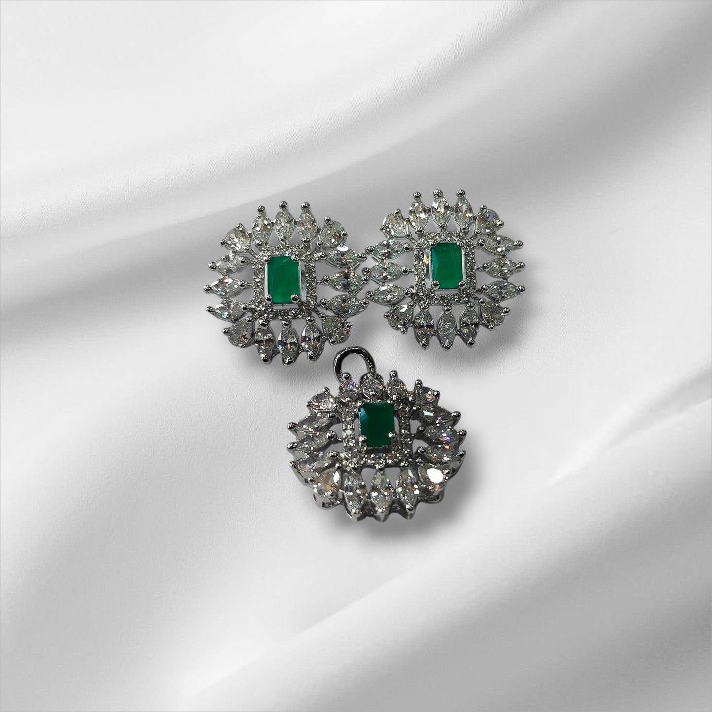 Emerald Sunburst Platinum Plated Silver Pendant and Earrings Set