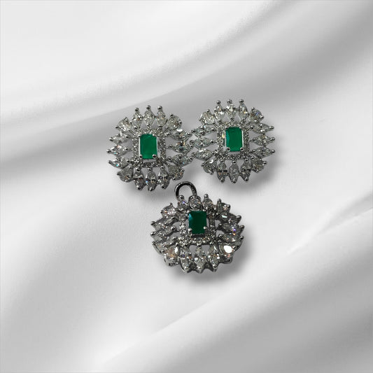 Emerald Sunburst Platinum Plated Silver Pendant and Earrings Set