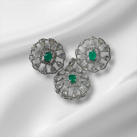 Emerald Bloom Platinum Plated Silver Pendant and Earrings Set