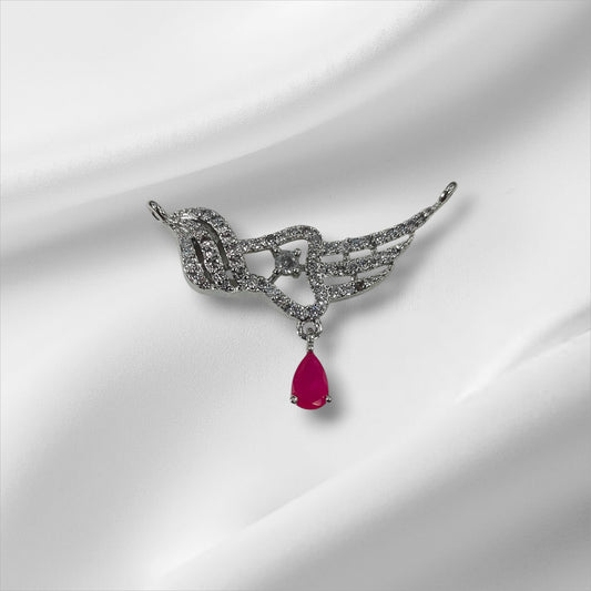 Guardian Angel Wing Platinum Plated Silver Pendant with Crimson Drop